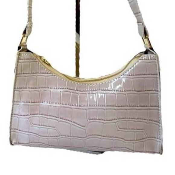 NEW Mini Bag Vegan Leather Reptile Print Handbag Purse Champagne Cream Gold Zip - Picture 1 of 8
